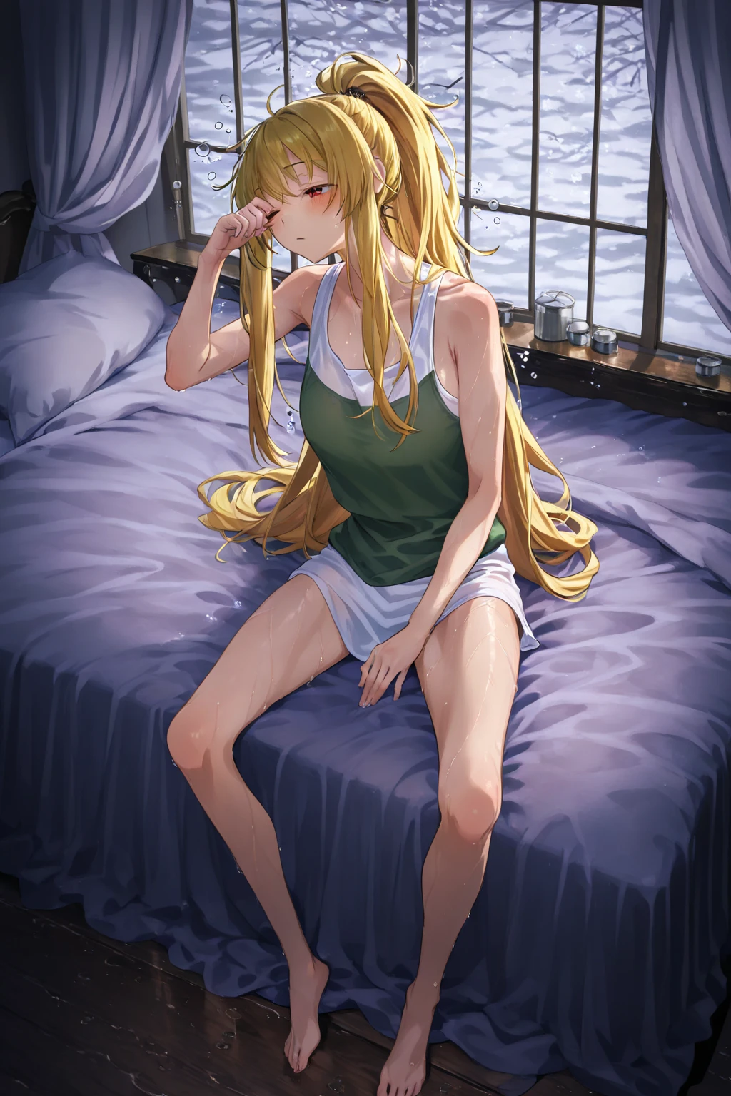 masterpiece, (highest quality), alone, (young woman), solo, blonde long straight hair, big, dog ears, (golden eyes), (pajamas with green and white stripes), barefoot, (red cheeks), very sweaty, (sleeping on its side), ((very dark)), (midnight room))), on bed, figure with only upper body, image from the side, face on pillow