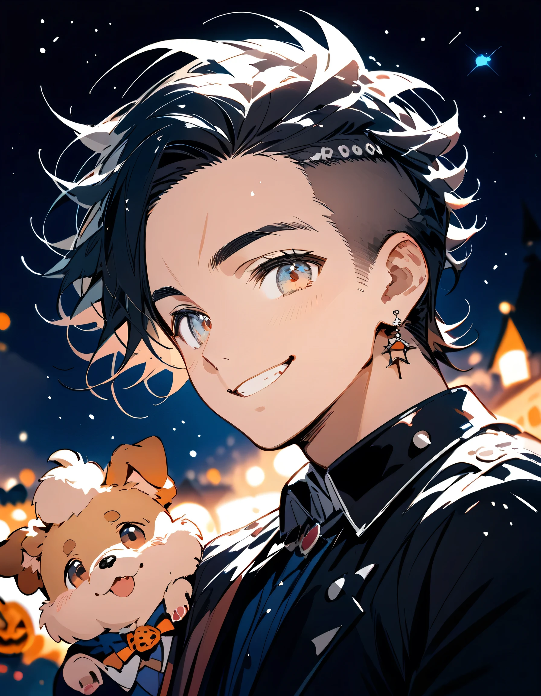 (sideview),looking at viewer:1.3,((((with small dog of Pomeranian)))),man,40years old,(The face of an old man with dignity),man's eyes,man's nose,man's mouth,smile,(short spiked hair),forehead,sidecut,undercut,beard,night starry sky, halloween costume,night halloween party,(Complete Anatomy:1.3),(manga style),(sketch),(illustration),best quality,