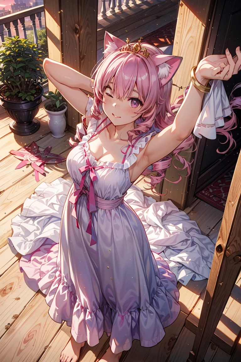 ((pink hair)) ((bell hair ornament))
 ((emerald green eyes)) ((pink skirt)) ((white lace)) ((meow pose)) ((plump))  中くらいの胸
 ((Yellow heart smile bracelet)) ((Cat ear girl))
