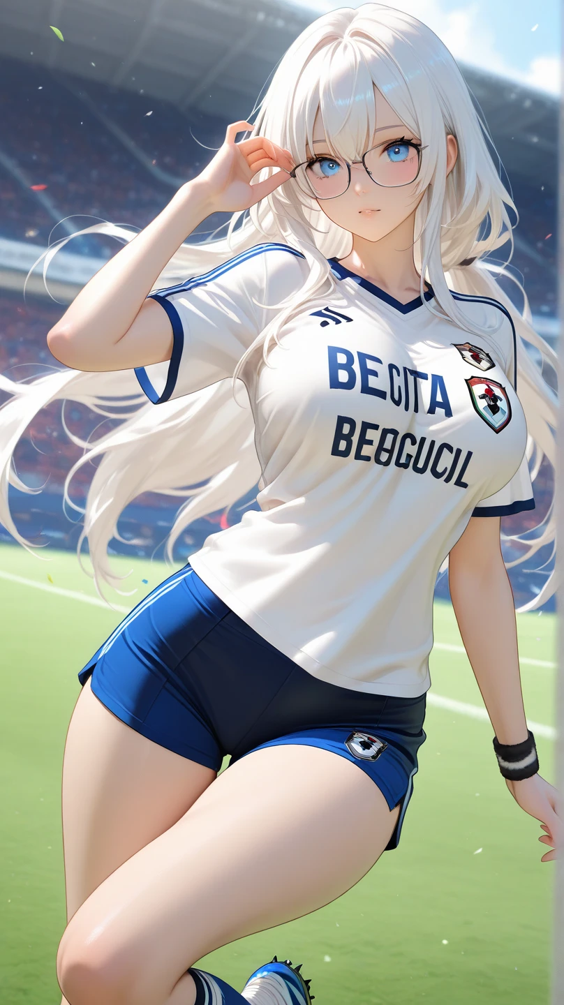 score_9, score_8_up, score_7_up, rating_safe, BREAK  zPDXL2,  zPDXLxxx, source_anime, masterpiece,  <lora:neocoill-guy-PONYv1:0.95>,
<lora:OC5:1>, oc5comm, medium hair, bangs, black hair, white hair, multicolored hair, choker, two-tone hair, black choker, 
hair over eyes, smile,
black nails, nail polish, 
outdoors, stadium,
big thicks, (:1.2), mature female, <lora:RiverPlate:1>, RiverPlate, striped shirt, striped, shirt, short sleeves, sportswear, soccer uniform, shirt tug, soccer, navel,