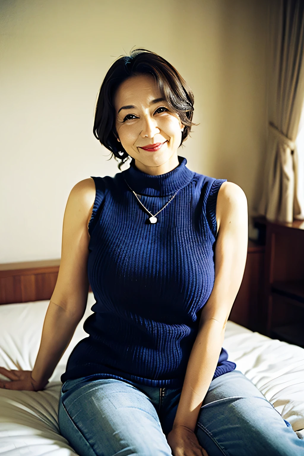 ((Top Quality)), ((8K)), ((Masterpiece: 1.3)), (Perfect Appearance), (Photorealism: 1.6), (Japanese woman sitting on a chair and reading), (sitting room), (rocking chair), In the dimly lit room, (Woman illuminated by soft lighting), japanese woman, (60 years old), (The woman's gaze is focused on the book in hand:1.4), short hairstyle, (long nightgown), (whole bod), (side perspective: 1.2), low angle