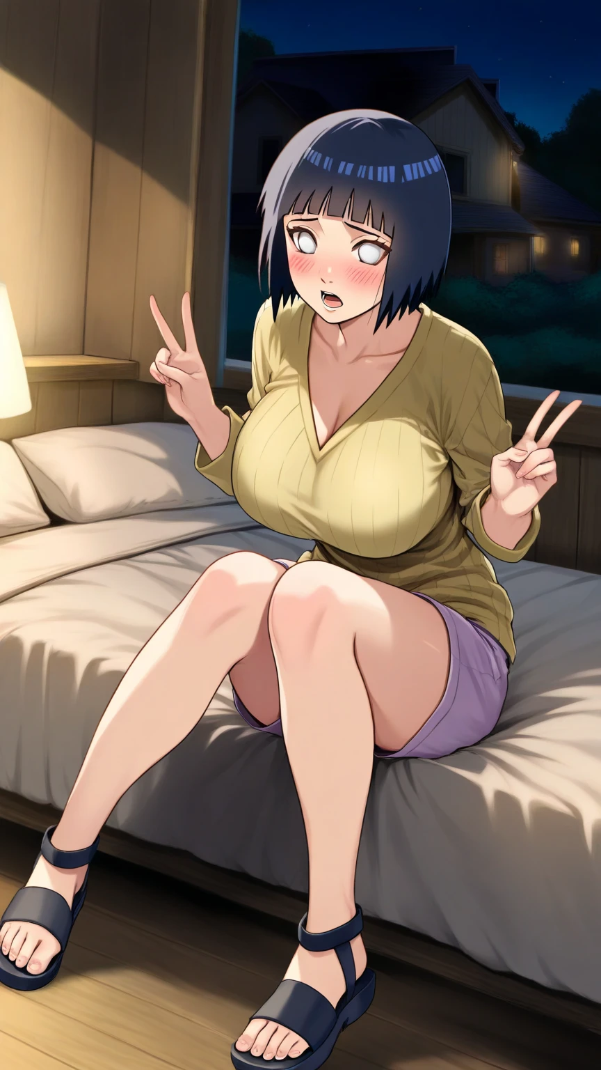 woman、high school student、short hair、Completely naked、Green Eyes、Star Eyes、Stars in both eyes、Large Breasts、woman器、smile、Nipples get erect、squat、Love hotel bedroom