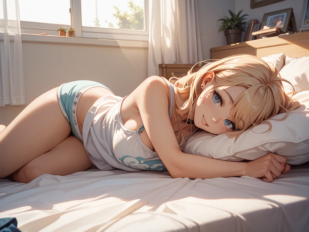 Create a high-quality, detailed image of a beautiful anime girl asleep on her bed. She is wearing just a bra and panties, highlighting her relaxed and peaceful state. She has long blonde hair that cascades over her pillow and bed. The setting is a nerdy room filled with various geeky and gaming paraphernalia, including posters, action figures, and gaming consoles.
The room is softly lit by the glow of a TV in the background, which is turned on, casting a gentle, ambient light. Outside the window, it is clearly night time, with a dark sky and faint moonlight filtering in. The overall scene should exude a serene, cozy atmosphere, capturing the quiet, intimate moment of the girl asleep in her nerdy sanctuary.