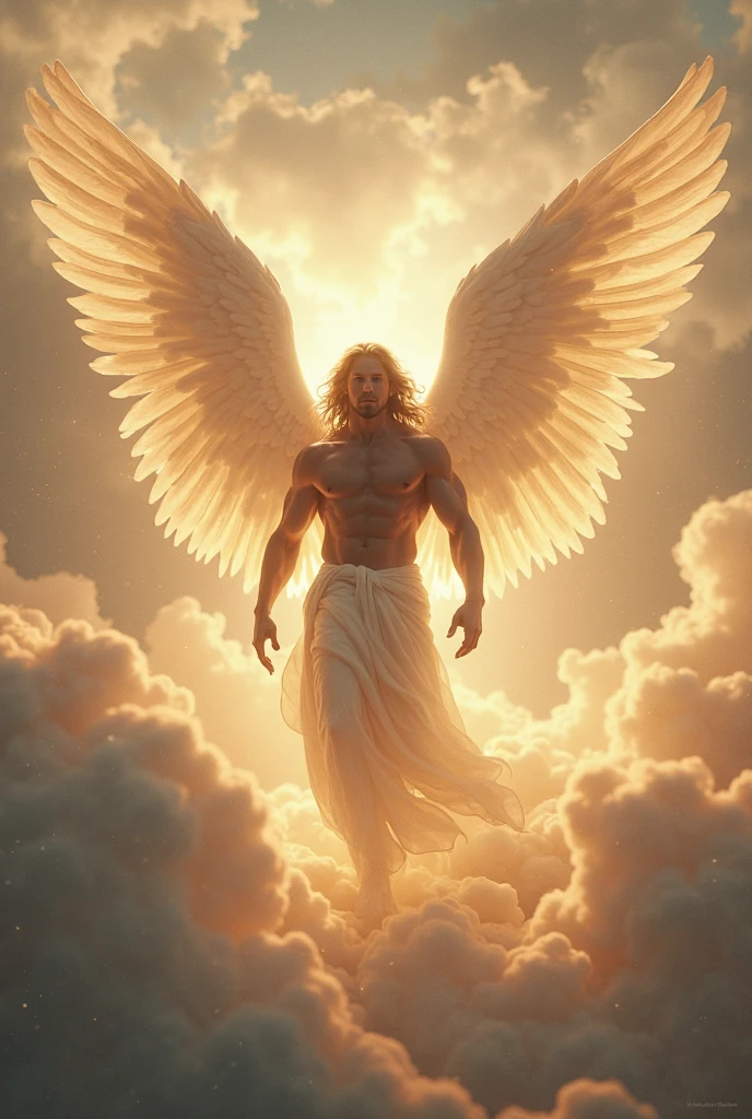 Massive male angel with wings in the sky with light on the face
