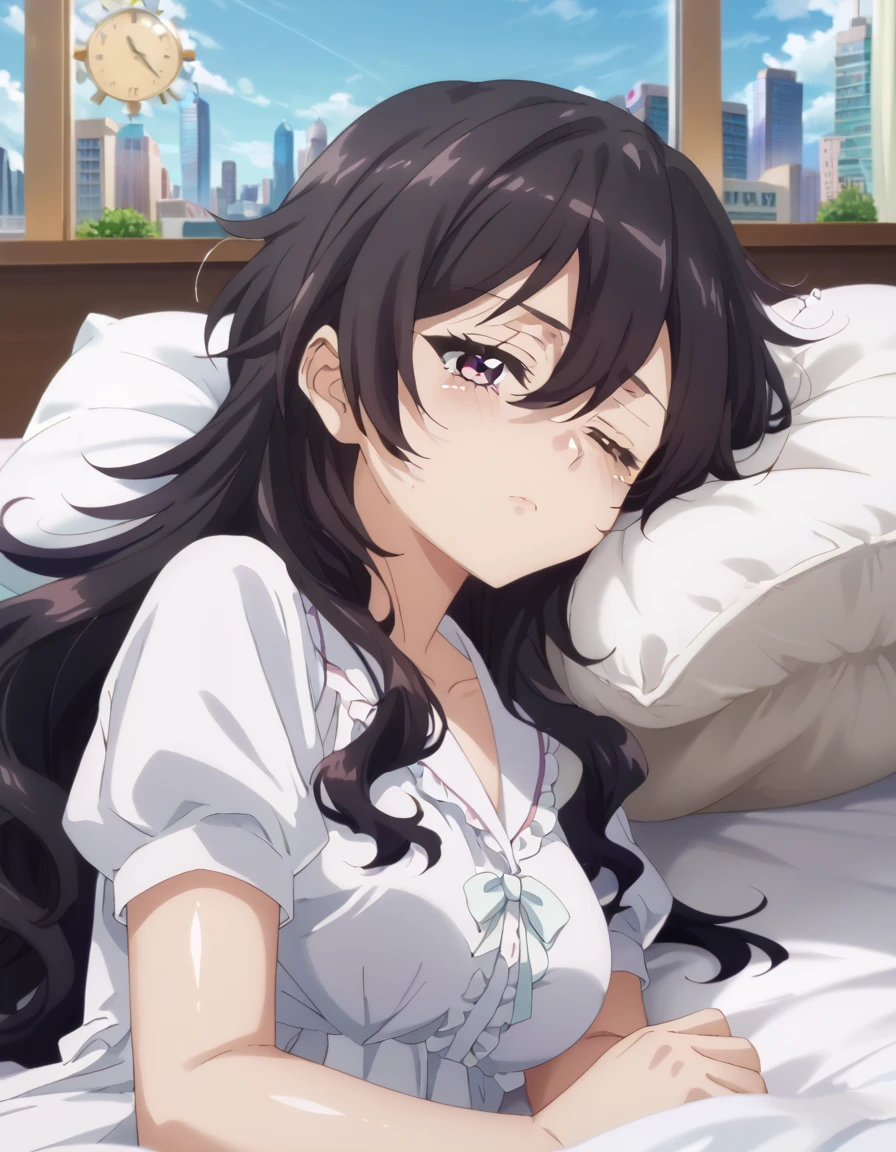 (open arms for viewer :1.5),looking at viewer:1.5,(on back:1.5), Realistic, real person, (pale skin: 1.2), RAW photo, photorealistic, portrait photography, shiny skin, shiny hair、 (A 35-year-old woman with bangs) and (wavy hair) and (brown hair) and (Orange Eyes) , (business suit:1.5)and (Wearing a white collared shirt)、 (blush:1.5),sweat,Cleavage、Sleeping on the sofa,(alone:1.5)