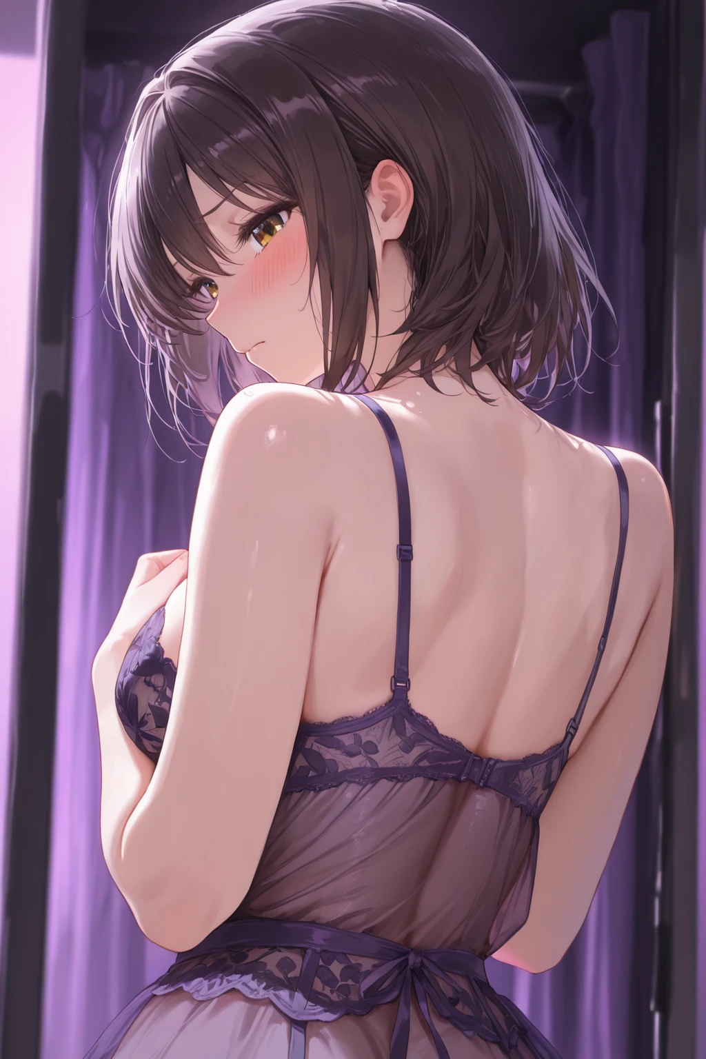 NSFW，masterpiece, highest quality，(crawl on all foury butt is touched)，(25 years old，prostitute，beautiful japanese，excited look，Brown mid-length bob with bangs，large breasts）on the bed，night view from the window，A room in a love hotel，showing panties，undressing，big ass，panties that dig in，used condom，garter belt