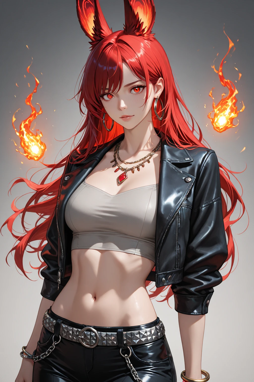 8k portrait of cute female demon with red skin and long black hair. Realista com o fogo iluminando seu rosto e o fundo. She's wearing a black leather jacket, um top de tubo com shorts pretos e botas de cano alto com meias de rede de peixe.