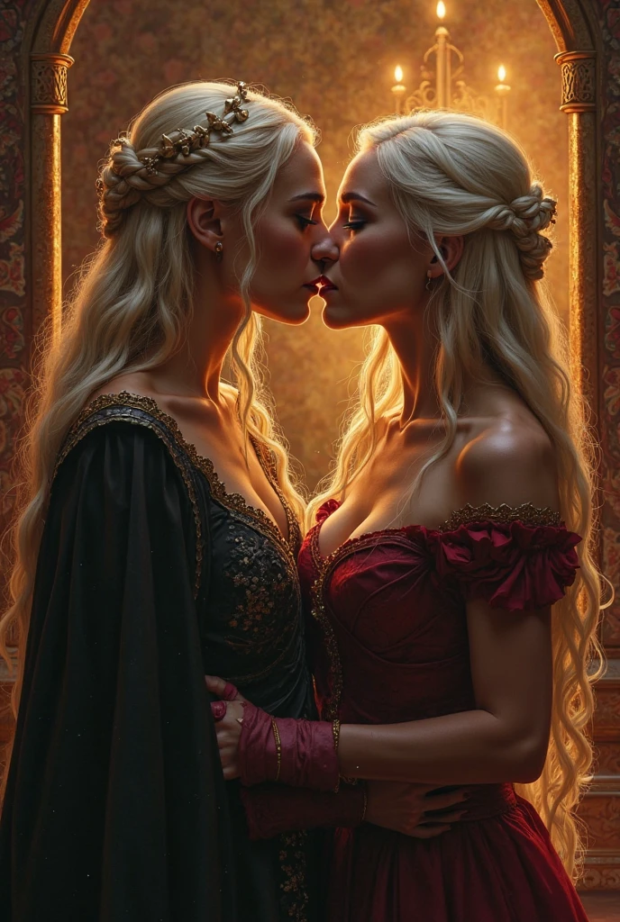 beautiful ethereal silver haired female licking the nipple of a beautiful bright red haired elven female