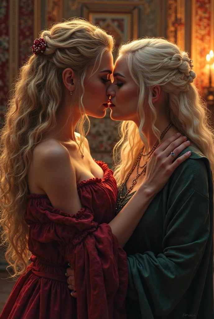 beautiful ethereal silver haired female sucking on the nipple of a beautiful bright red haired elven female