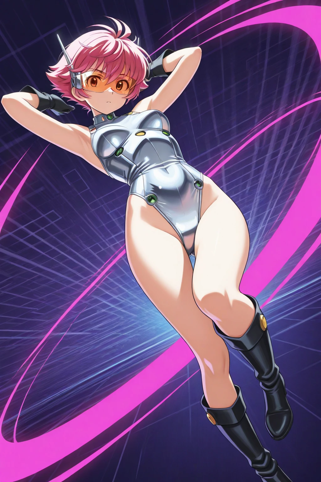 snfw,(highest quality:1.2),1 girl,alone,Are standing_Split,AYANAMI REI,(white leotard:1.2)、short hair,blue hair,bangs,interface headset,hair between eyes,pixelated background,neon light,SF color scheme,Bright colors,metallic texture,detailed shading,Holographic interface,dark atmosphere,high contrast,sharp focus,twig of hair,Reflective surface,exquisite details,High resolution,studio lighting,Red accents,Illuminated environment,artificial intelligence assistant、camel toe