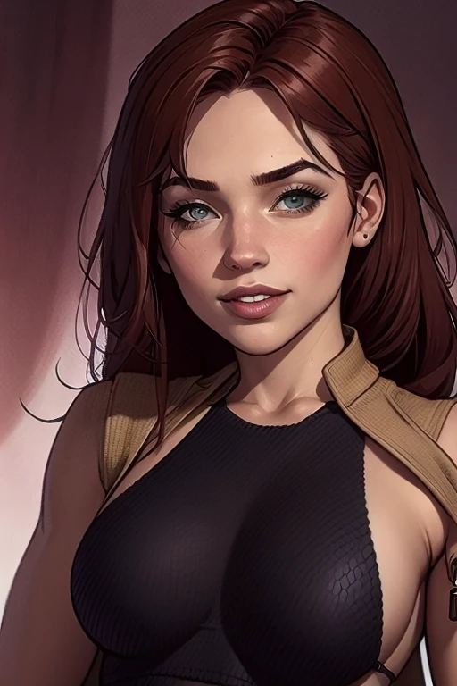 Detailed character illustration of a woman with medium-sized breasts, freckled face and long, vibrant brown hair contrasting with fair skin, showing a mix of curiosity and determination. She has a tall, slender and agile figure. Beautifully rendered digital portrait in a colorful, cartoon-like style, with a strong, sensual pose and dynamic composition. Highly detailed character design, masterful digital art, in the style of GTA illustrations. Featuring a symmetrical, attractive woman with medium breasts, wearing a beautiful, sensual cartoon-style witch costume, against a colorful, diverse background. Additional details include: (best quality,4k,8k,highres,masterpiece:1.2),ultra-detailed,(realistic,photorealistic,photo-realistic:1.37),HDR,UHD,studio lighting,ultra-fine painting,sharp focus,physically-based rendering,extreme detail description,professional,vivid colors,bokeh,portraits,digital illustration,concept art,fantasy,magic,beautiful,symmetrical,sensual,freckled,long hair,brown hair,fair skin,curiosity,determination,tall,slender,agile,cartoon,comic,GTA,style,illustration,woman,medium breasts,witch,costume,colorful,diverse,background