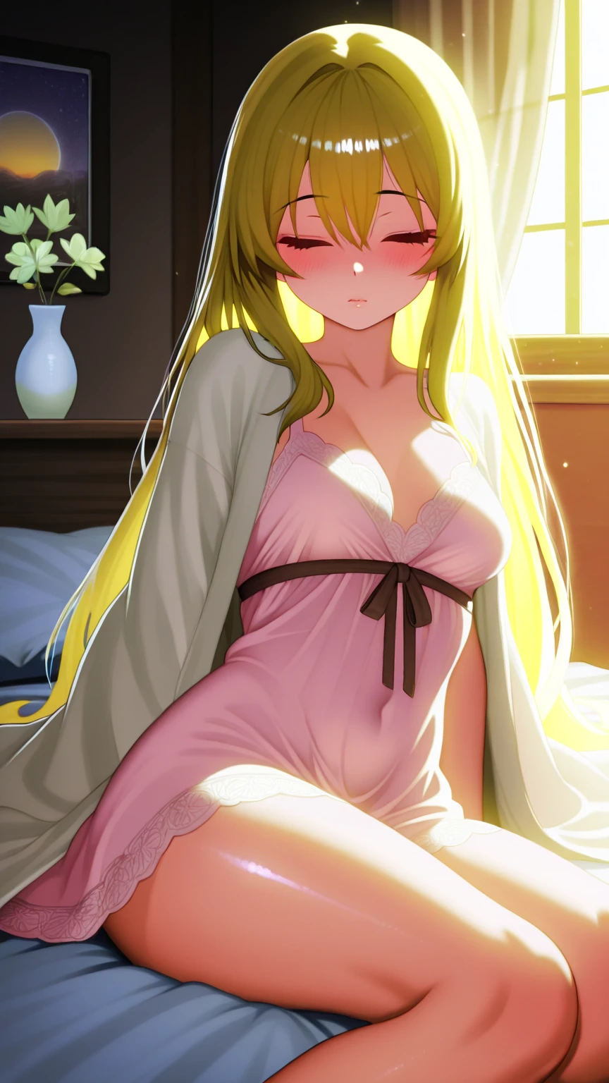 Masterpiece, best quality, very detailed, Ultra high resolution, (photorealistic:1.4), raw photos, (realistic:0.2), 1 girl, alone, long hair,,8k hdr, 1 girl,Blonde hair, shy ,sweat,steam,wet,wet, medium-large breast, bright eyes, , medium-small breasts,,(pajamas) ,Spread your legs, ,, bedroom
