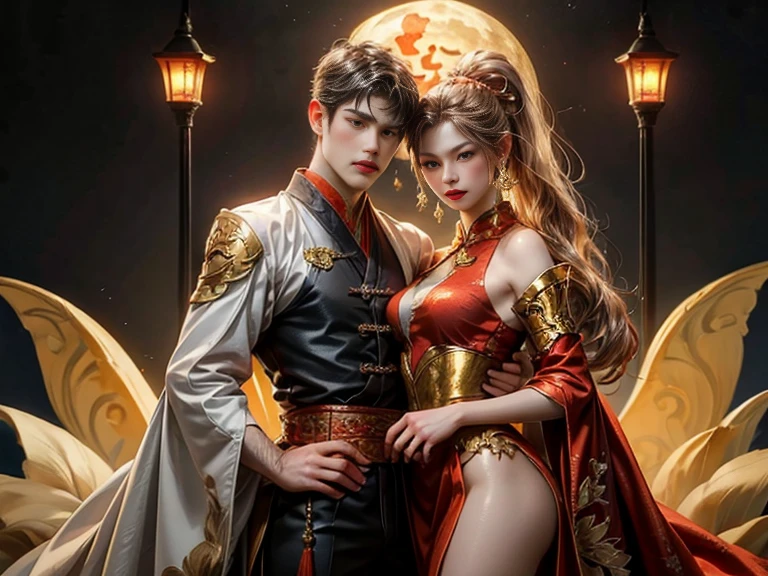 (couple cuddling) rough man Zeus muscular naked, beautiful, sexy, big breasts, cleavage, bare legs, see-through, standing, hanfu, wet, clear, realistic, highest detail, Chinese mythology, dragon pattern, phoenix, sacred, holy, golden mountains, heavenly palace, countless palaces, clouds, golden light