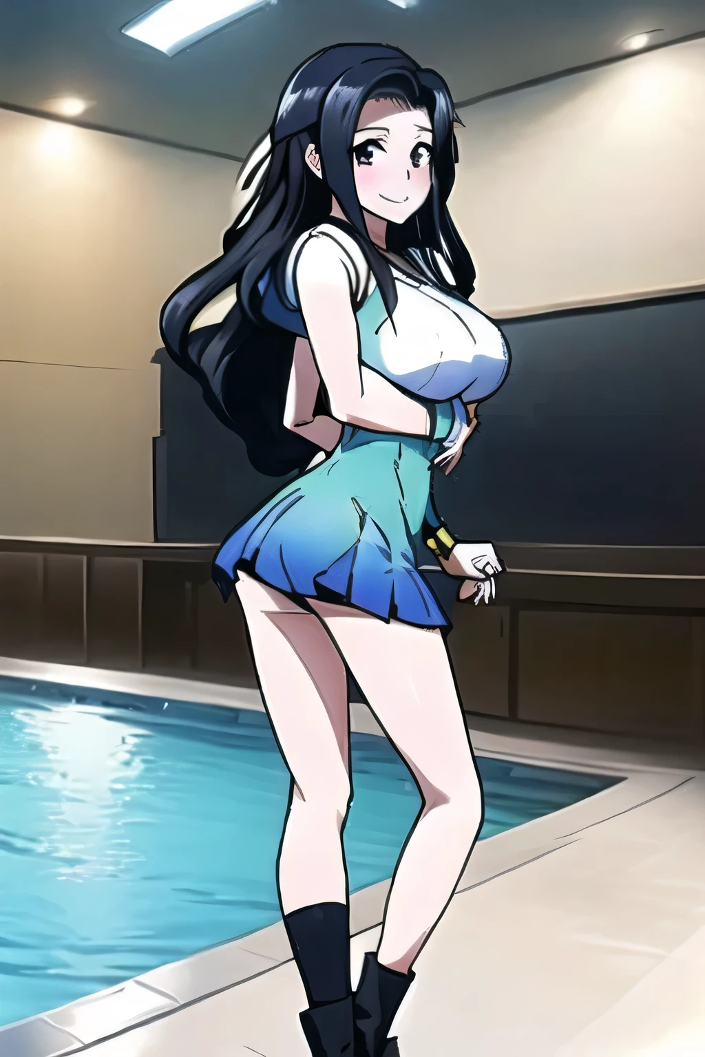 (White background:1.5),Anime cel drawing style, Best Quality, High resolution,(The bikini:1.8),  (huge-breasted:1.3), Shino Yamagami,Final Romance,, Long hair, Black hair color, blush, embarrassed, Reluctant, ((Full body)), Looking at Viewer, (Beach), ((Full body)), (Cowboy Shot:1.2)