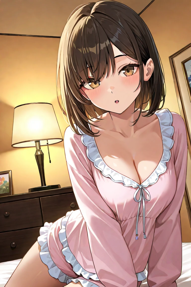 Masterpiece, Best Quality, High Resolution, Ultra High Resolution, Depth of field, Short hair, brown hair, pink eyes, hair pin, long sleeves, cleavage, tetas grandes, no lingerie,Red Lingeri,Exposed skin,in a room,Indoors,bed