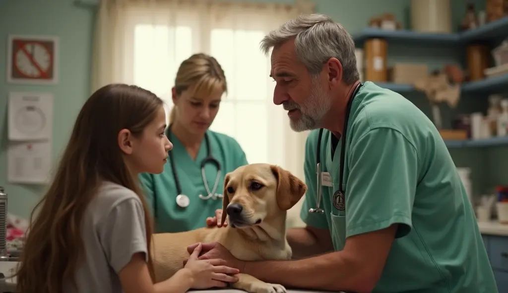 Create a digital illustration of a young couple with their new puppy at a veterinary office, showing a semi-realistic style. The puppy is being examined by a veterinarian on a table to the left side of the image, allowing room on the right for text. The couple looks relieved and attentive. The colors are bright and comforting, with a focus on soft blues and greens.