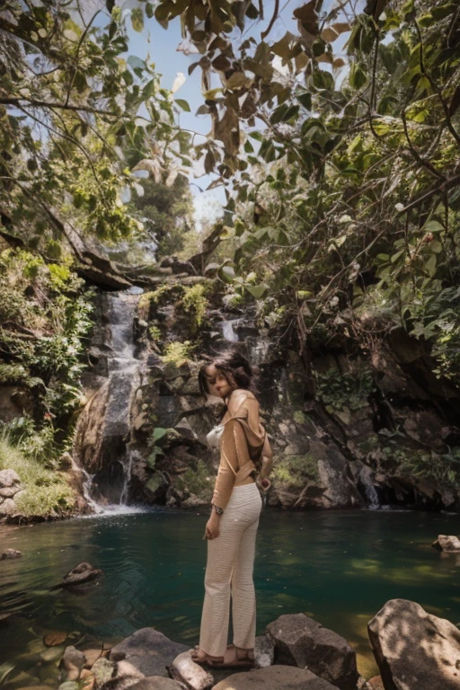 Full-body image，A girl sits under a small waterfall in the jungle，legs spread open，White gauze dress，full body fairy，The elegant gauze skirt is like water，Goddess of water，Clothes are damp and transparent，camel toe she&#39;s naked