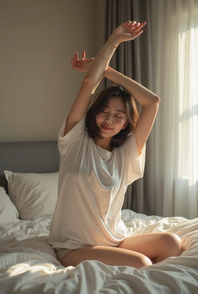 (((realistic photography))), masterpiece, (RAW Photo, cg unity, photography, ultra realistic details, sharp focus, detailed skin,4k, high-res, best quality, realistic, vibrant:1.2),(8k,4k, UHD, high resolution, professional, cinematic, movie, dramatic),(environment details:1.3),(anamorphic depth of field blur background), bautiful Japanese woman stretching her arms in the air while sitting on a bed, (wearing white pajamas), 25-year-old, pose(arms up), (happy, smile:1.5), sitting in bedroom, woman is curved, morning time, satisfied pose, various pose, she expressing joy, woman is sitting on bed, in the morning, summer, whtie bed sheet, (Fresh morning:1.5), (in white bright room with morning sunlight:1.5), looking away from the camera, (wide shot:1.5)