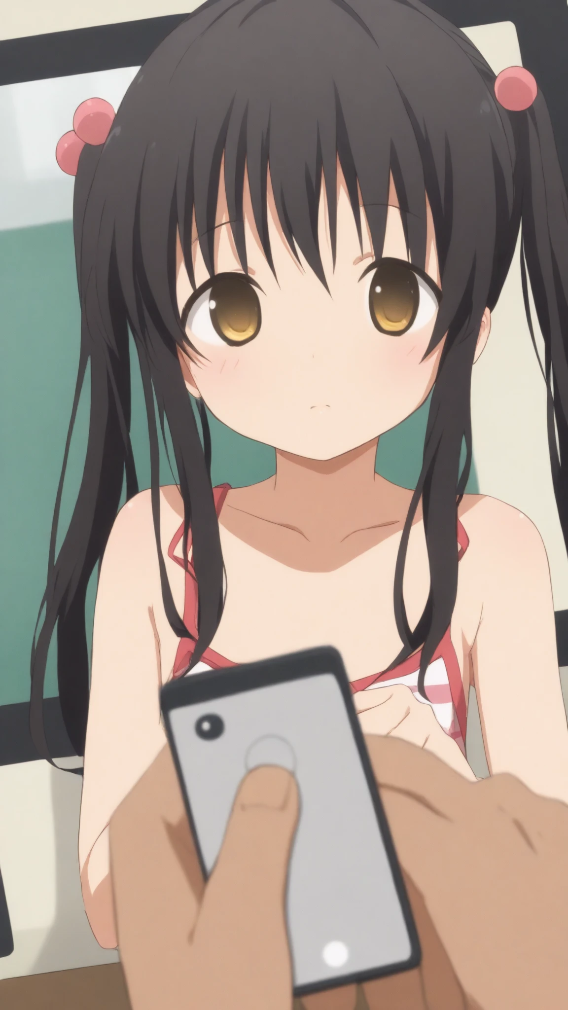 (mikan yuuki,女の子, loli, twintails ,black hair  ),  (Smartphone Showcase,
screen showing an anime girl,upper body),