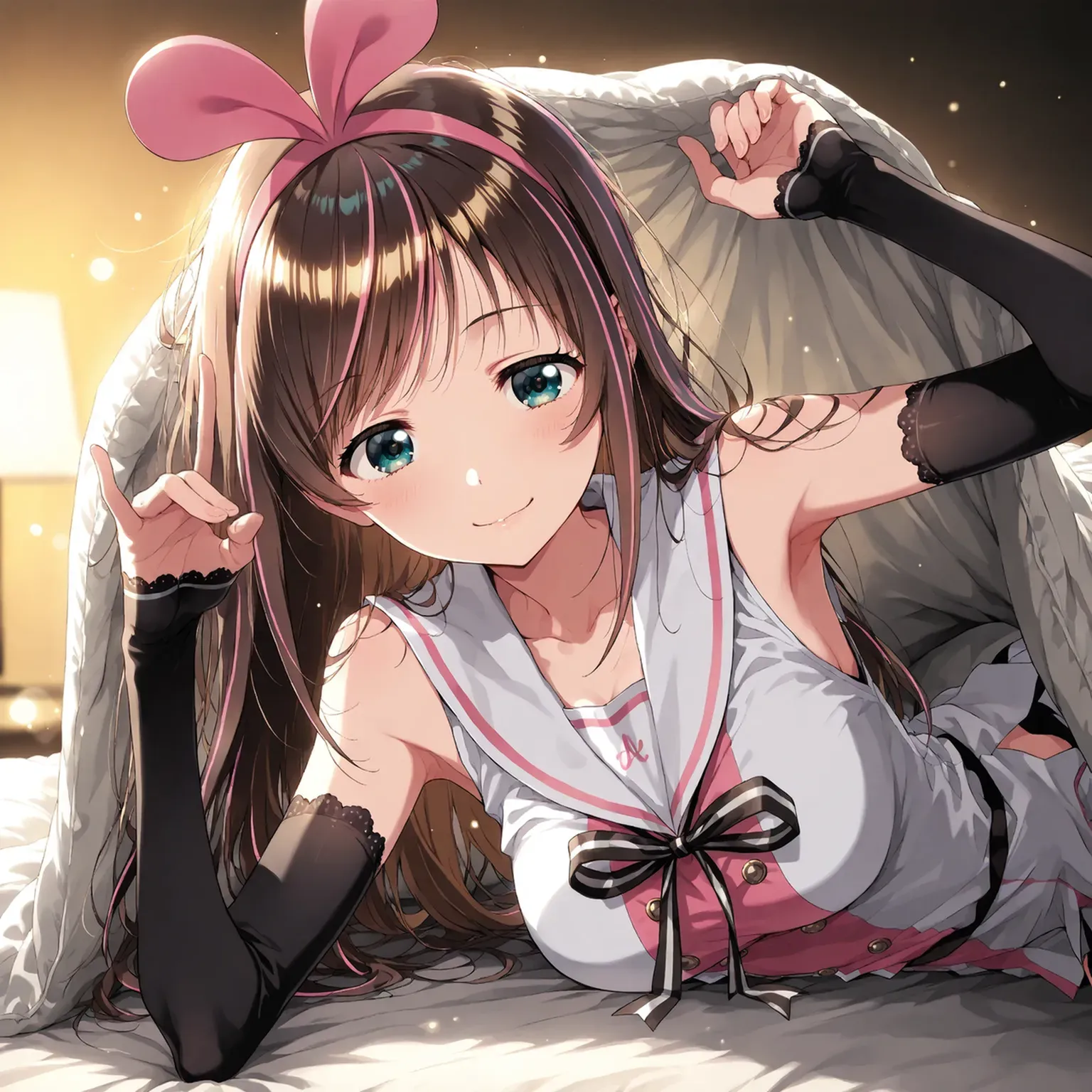 ((Brown hair)),((Curled Hair)),(medium-Long hair:1.25),(With black eyes),(sparkle in eyes:1.5),(Eye size:1.5),(With bangs),Slight red tide,(Pajama long sleeve cardigan clothes with lots of frills),(Hair band made of fluffy material),((All white, reddish,cream)),(Colorful, Cute pajamas with camouflage pattern),(Cute fluffy socks like a fairy tale),((Colorful and pop world view)),(((body shape is slender))),(Smiling smile),(close up of face)((Sleeveless Nightgown)),((Shorts made of soft and voluminous sweat material)),(room style),((Perspective from below)),(Sitting on the couch、Place a cushion under your armpits),