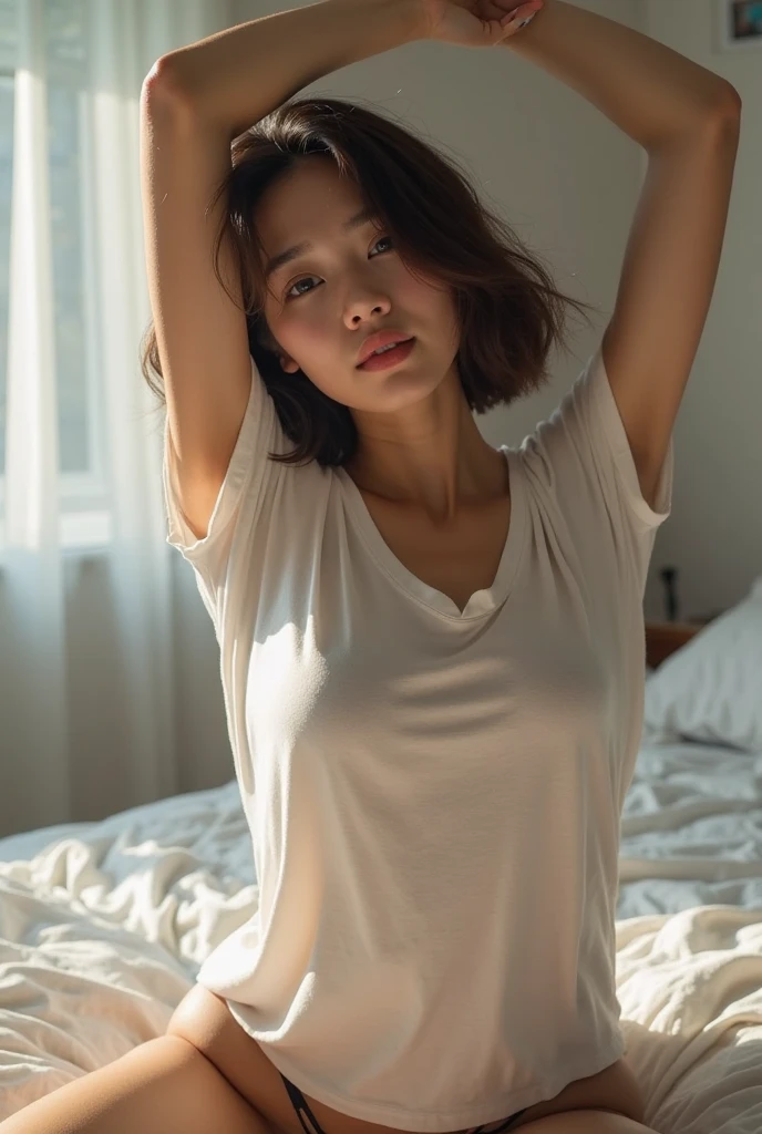 Aerial perspective, real style, full body shot, a young [Thai] girl went to the bedroom and lied comfortable in bed. He was wearing [white sleeveless t-shirt, loose white shorts], His expression showed satisfaction Eliminates stress, even if you are soaking wet, sweating in the heat, wet clothes, wet hair. There is a [light bulb on it is very bright]