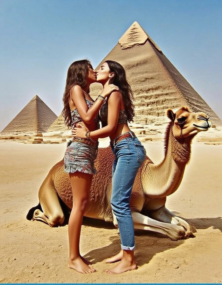 cleopatra stand by pyramid with shrunken people from behind turned into a giant taller than pyramids