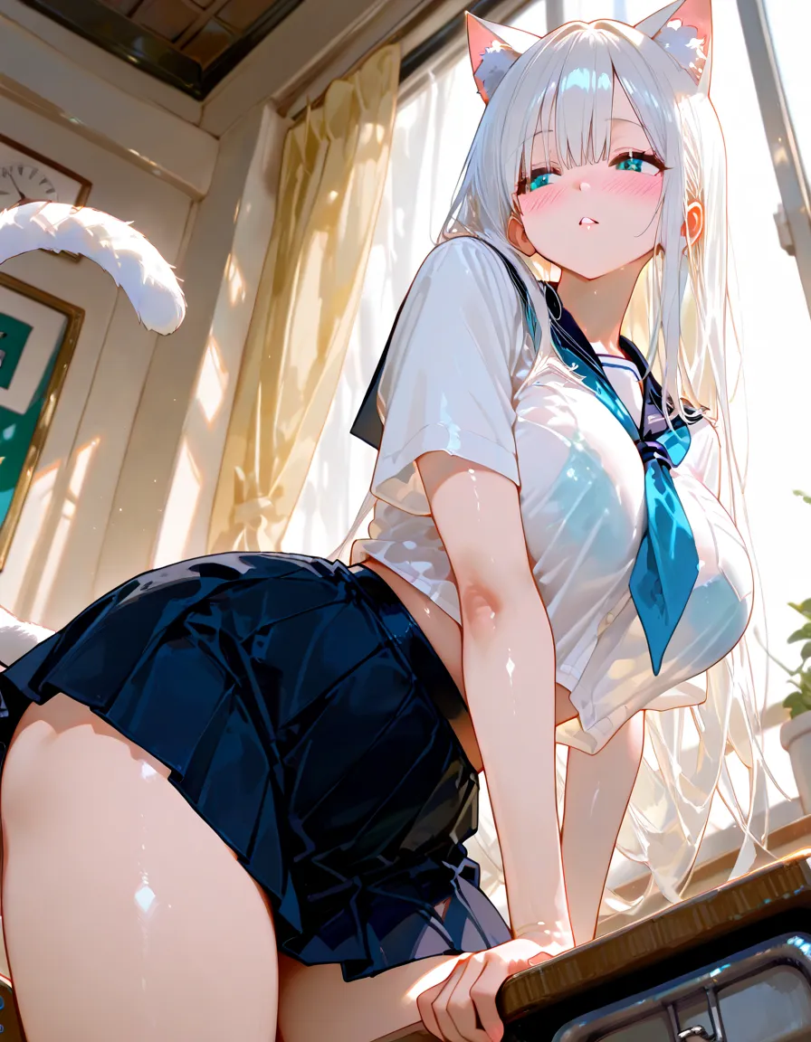 (Masterpiece, Slim Body, Delicate Fingers: 1.2), Best Quality, (Illustration: 1.2), (Hyper Detail), Eye Focus, Ultra Detail, (Fine Detail), (Intricate Detail), HDR, (Ultra Detail: 1.15), (Soft Light: 1.2), 1girl, ((School_uniform), (sailor_suit), (short_blue_pleated_skirt), (white_pantyhose:1.2) long sleeve shirt, (White hair and blue highlights),cyan eyes, medium, short hair, solo, (medium breasts:1.2), masterpiece, (blushing:1.3),  best quality, highly detailed, fullbody image, kwaii, (crotch rub:1.5), (table humping:1.5), (table masturbation:1.5), (panting:1.2), (blushing:1.3), (moaning:1.5), (pussy juice:1.5), (wet pussy:1.5), (table:1.5), lifting, (perfect hands, perfect anatomy),(skirt lifting:1.5)