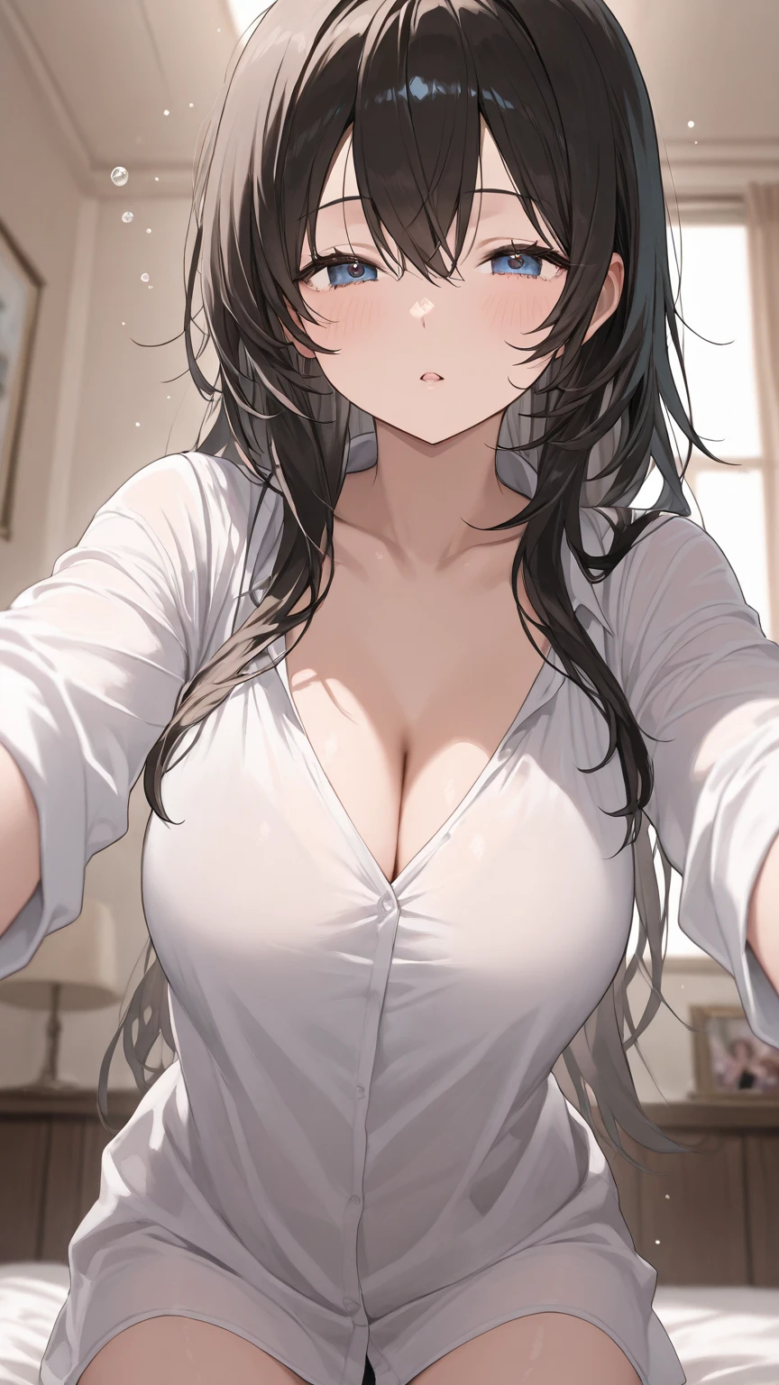 Cute , mature women, chubby cheek,realistic skin,see through nipple,realistic breast, saggy breast, huge breast,nipple out,muted colours, cold lighting, pale white skin, mature women,black hair, long hair, (hair over one eye:1.4), Messy hair,straight hair,hair between eyes ,sleepy eyes ,beautiful,pucker lips,charm,pubic hair pussy,dense pubic hair, cute shy blush on