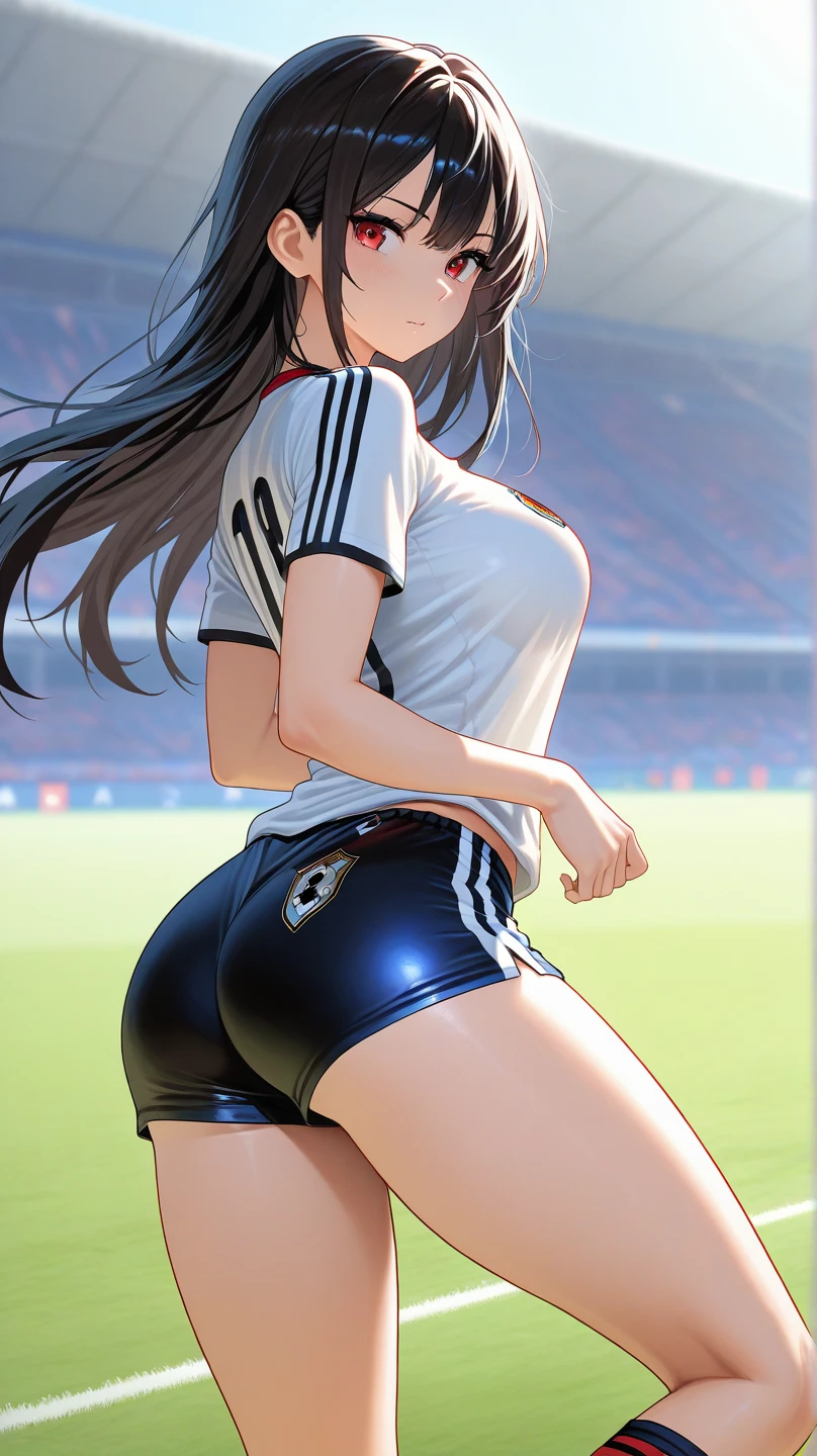 soccer uniform, ass focus, huge ass, soccer, soccer match, soccer field, soccer stadium , mature female, black hair, very long hair, shiny hair, ponytail, shiny skin, blush, light smile, full body, medium breasts, , wide hips, huge ass, 1girl, masterpiece, best quality, (highres), absurdres, 4K, 8K, 16K, beautiful face, beautiful body, symmetrical face, gorgeous, deep eyes, realistic shaded, stunning, intricate, hyper-detailed, highly detailed, sharp, smooth, sharp focus, realistic, anime, manga, ((ringed eyes)),