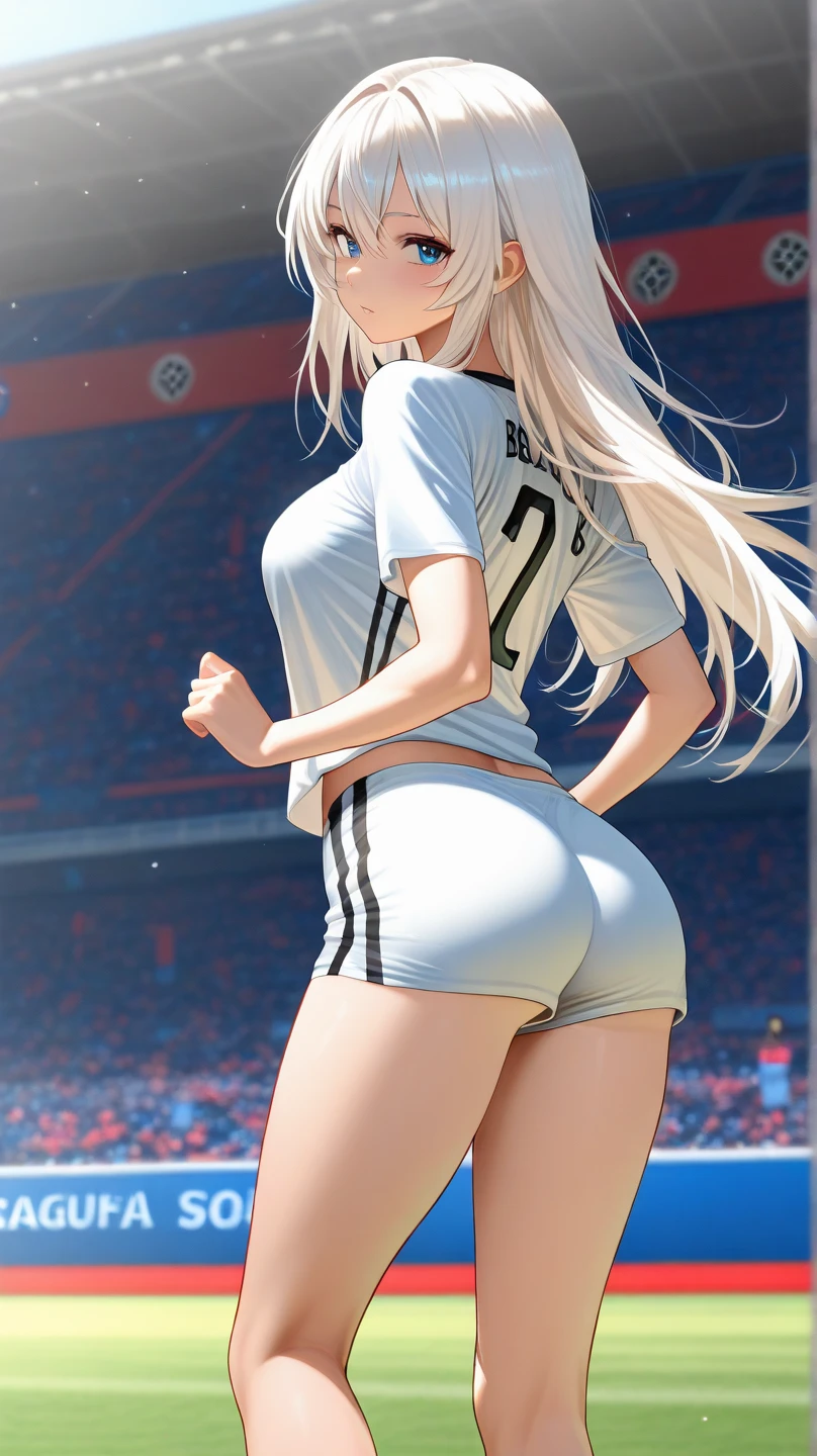 Cute girl, white , long hair, big breasts , thick thighs, masturbating, in a soccer goal