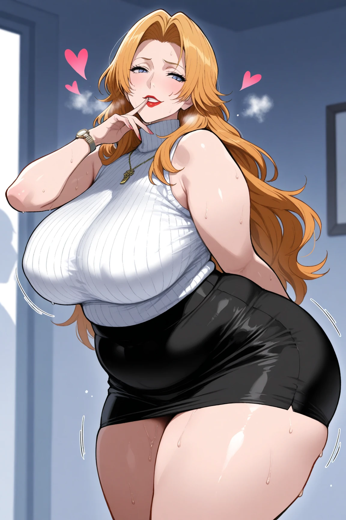 1 girl, standing alone, Giant tits, Broad Hips, thick-thighs, coxas enormes, huge ass, coxas enormes, Focus on the breasts, Looking sexually, gazing at viewer, hands, braided ponytail, surrounded eyes, collar shirt, black necktie, black pants, cumflation, sitting on a large penis, filling her with joy, huge and fat curves, fat breasts, fat ass, obesity