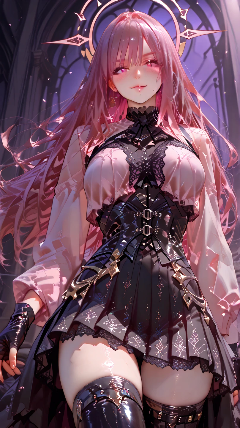 ((best quality)), ((masterpiece)), (detail:1.4), 3D,human development report（high dynamic range）,Ray tracing,NVIDIA RTX,super resolution,Unreal 5,subsurface scattering、PBR texture、post processing、Anisotropic filtering、depth of field、Maximum clarity and sharpness、multi-layer texture、Albedo and specular maps、surface coloring、Accurately simulate the interaction of light with materials、Perfect proportion、octane rendering、Dichroic light、Large aperture、Low ISO、white balance、rule of thirds、8K original、from below，Raised sexy、obsessed、High、Beautiful waist、large breasts 、radiant skin、White skin、very long hair，pink hair，stand，looking viewer，spread legs，deep V dress，Off the shoulders，clavicle，cleavage，miniskirt，skirt lift，From below，panty peek，Tsundere，palace