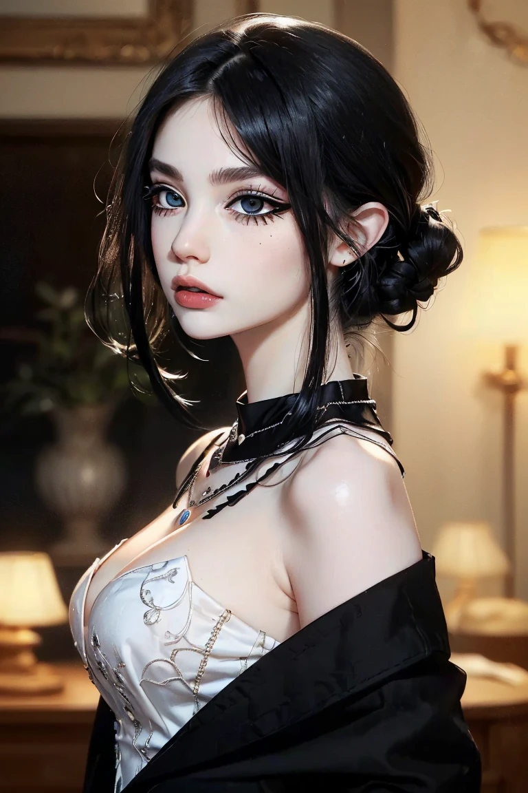 a sexy woman with black hair tied in a messy bun, beautiful detailed eyes, beautiful detailed lips, extremely detailed face, flawless skin, detailed makeup, blushing intensely, flustered expression, lustful gaze, perfect parted lips, wearing a black blouse, sheer dark green saree, dramatic lighting, dramatic shadows, cinematic composition, (best quality,4k,8k,highres,masterpiece:1.2),ultra-detailed,(realistic,photorealistic,photo-realistic:1.37),HDR,UHD,studio lighting,ultra-fine painting,sharp focus,physically-based rendering,extreme detail description,professional,vivid colors,bokeh,portraits