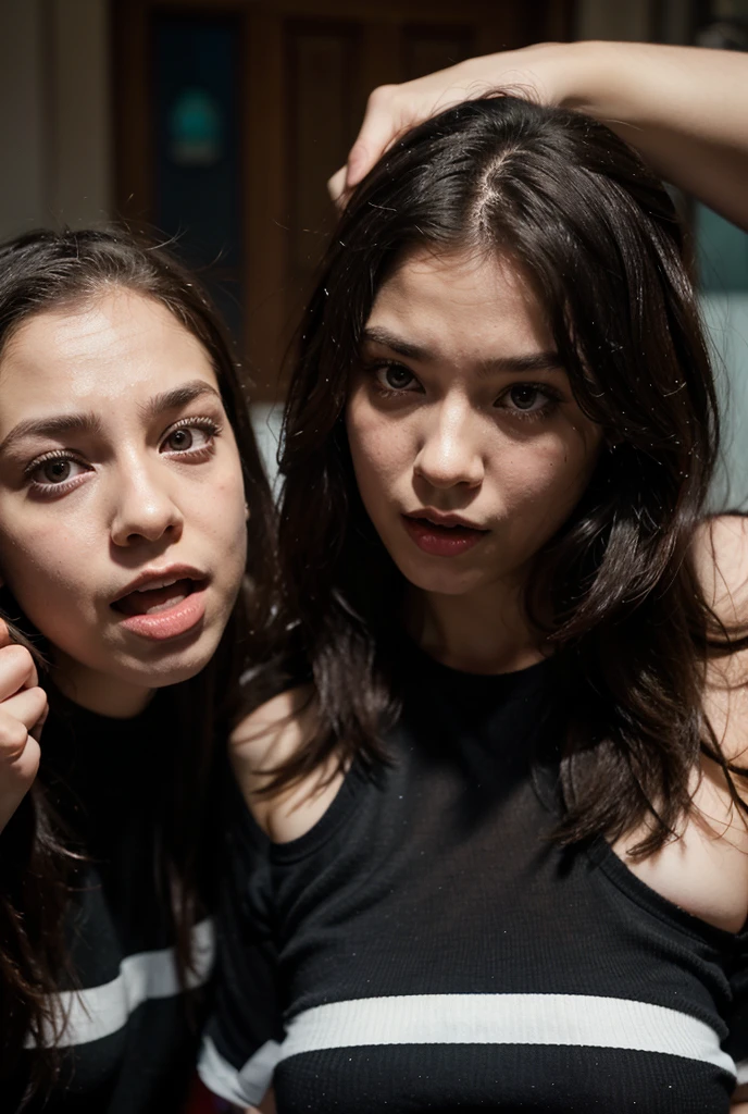 Masterpiece, photo of ((2 women)) in a haunted house, medium close-up shot