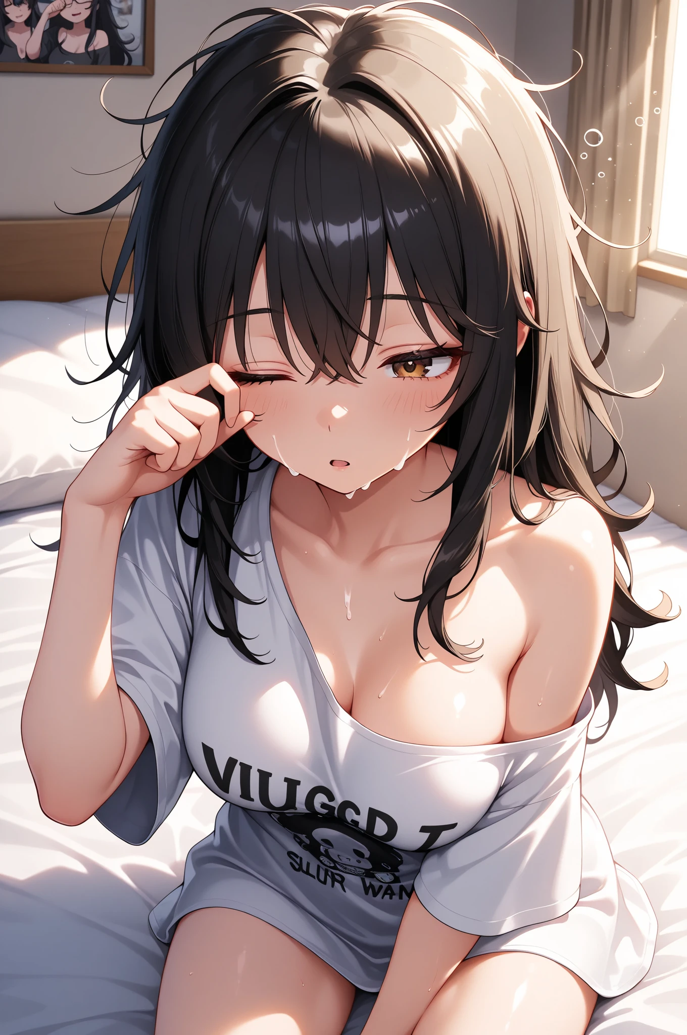 ((masterpiece,Highest quality:1.3,best quality illustration,realistic:1.3)),ass pov,having clothed sex,man on top,cowboy shot,独奏,1woman,(Age 25、Japanese Beauty)、brown hair,long hair,center parted bangs,brown eyes,gorgeous eyes,((very small head:1.3)),tears,Heavy breathing,((very long body:1.2,skinny)),medium breasts,(tan skin:1.5), (gleaming skin,toned body,slender body),sweat,(White tube top、navel)、vagina、vaginal penis,(creampie:1.5),lying,(on back),spread legs,Simple bed、Simple bedroom、nsfw,