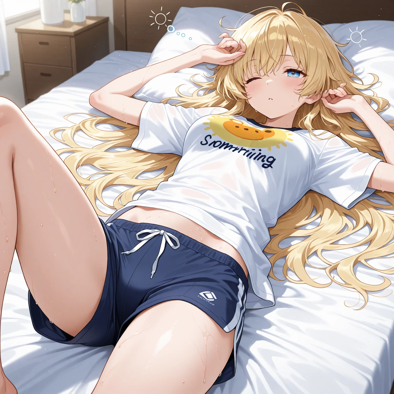 (A beautiful young Japanese woman), nsfw, Detailed Background, (((独奏))), ((Excellent anatomy: 1.2)), (Blonde, Short twin tail), flat chest, (dark skin:1.3), (Short), (green eyes), (Beautiful Eyes), (((gym uniform, bloomers))), (Angry:1.2), Blushing, Earrings, Lying on your back in bed, Beautiful thighs, spread legs, arms up, I can see my belly button, (love juice:1.2)