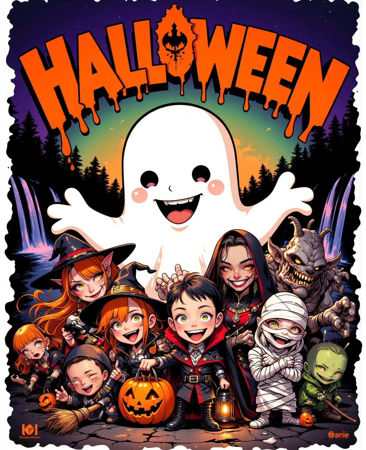 This image has to be in anime or cartoon an 18 year old ghost boy with blue skin one meter and 90 white hair deer antlers is wearing a black Christmas sweater with orange with Halloween details that are pumpkins and it says on it I love Halloween and Christmas he is wearing gray winter pants pumpkin slippers he is wearing a black Santa hat that on the tip of it has a small furry skull He is drinking hot chocolate in a cup that has the Krampus drawn on his antlers are decorated with Christmas lights he is in a room decorated for both Halloween and Christmas