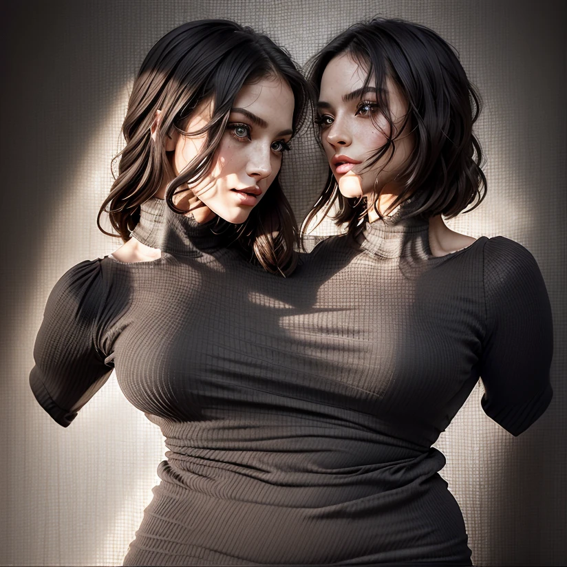 Two headed Goth girl, age 28, beautiful, realistic, chubby, burgundy hair, black dress, black boots, 2heads,