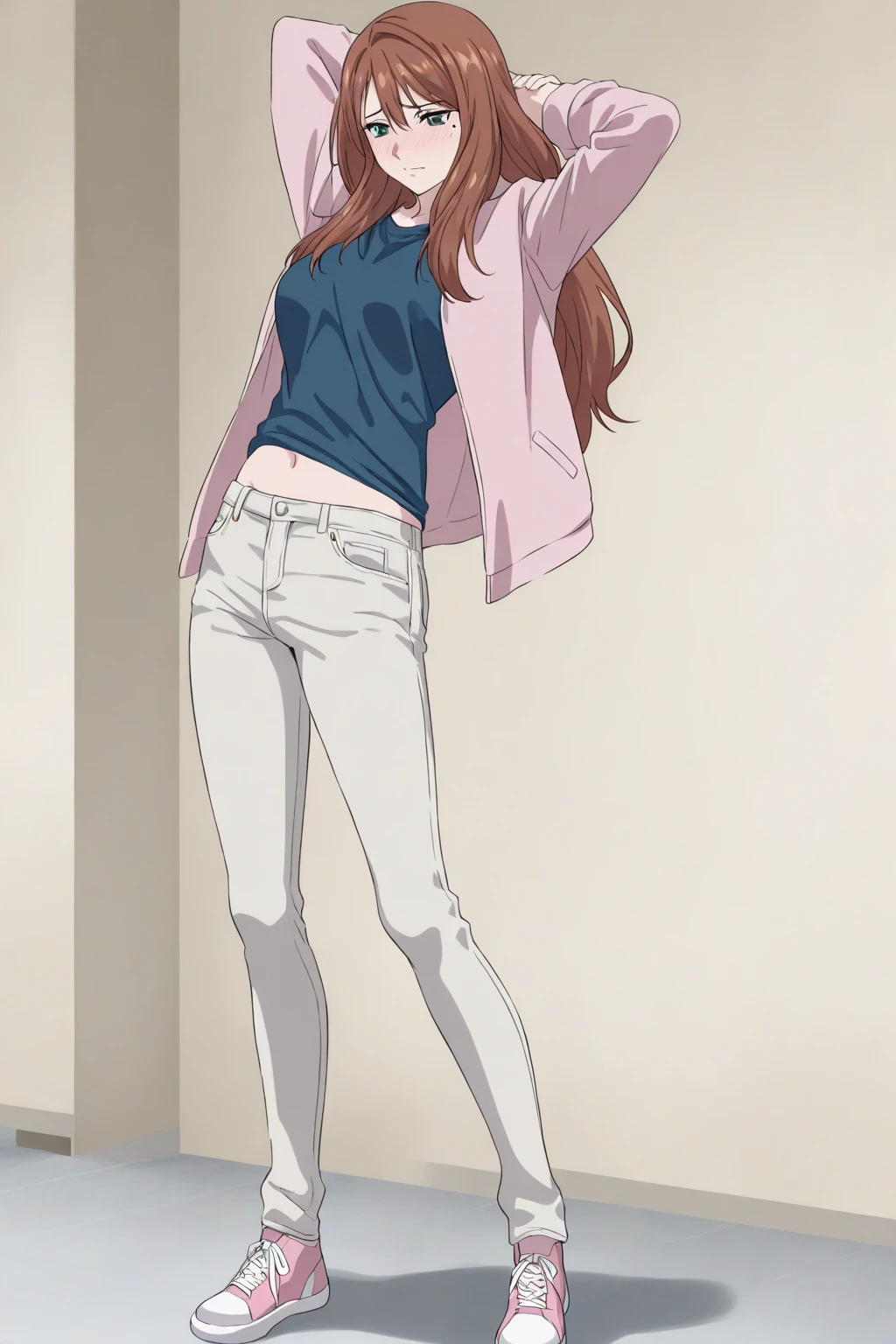 best quality, highres, 8k, masterpiece, immersive atmosphere, chiaroscuro:(1.5, bright light:1.2, luminous lighting), blurring, (background blur:1.5),
(dynamic angle), downtown, (legs focus, full body:1.5), delicate features, (beautiful face, beautiful eyes, beautiful legs), not safe for work, (opaque:1.5), high contrast, SDXL, (wetting herself:1.5), (desperation:1.5),
1girl, (25 years old:1.5), white skin, blue eyes, dark brown hair, straight hair, long hair, (forehead:1.5), bright lips, blush, scared, panicking, open mouth, looking at viewer, (slender figure:1.1), (red leather jacket:1.2, black and white striped shirt:1.2), large breats, hard nipples, (hands between legs:1.4), (jeans pants:1.4, blue jeans:1.4, skinny pants:1.2), (white sneakers:1.2), (knees together feet apart:1.4)