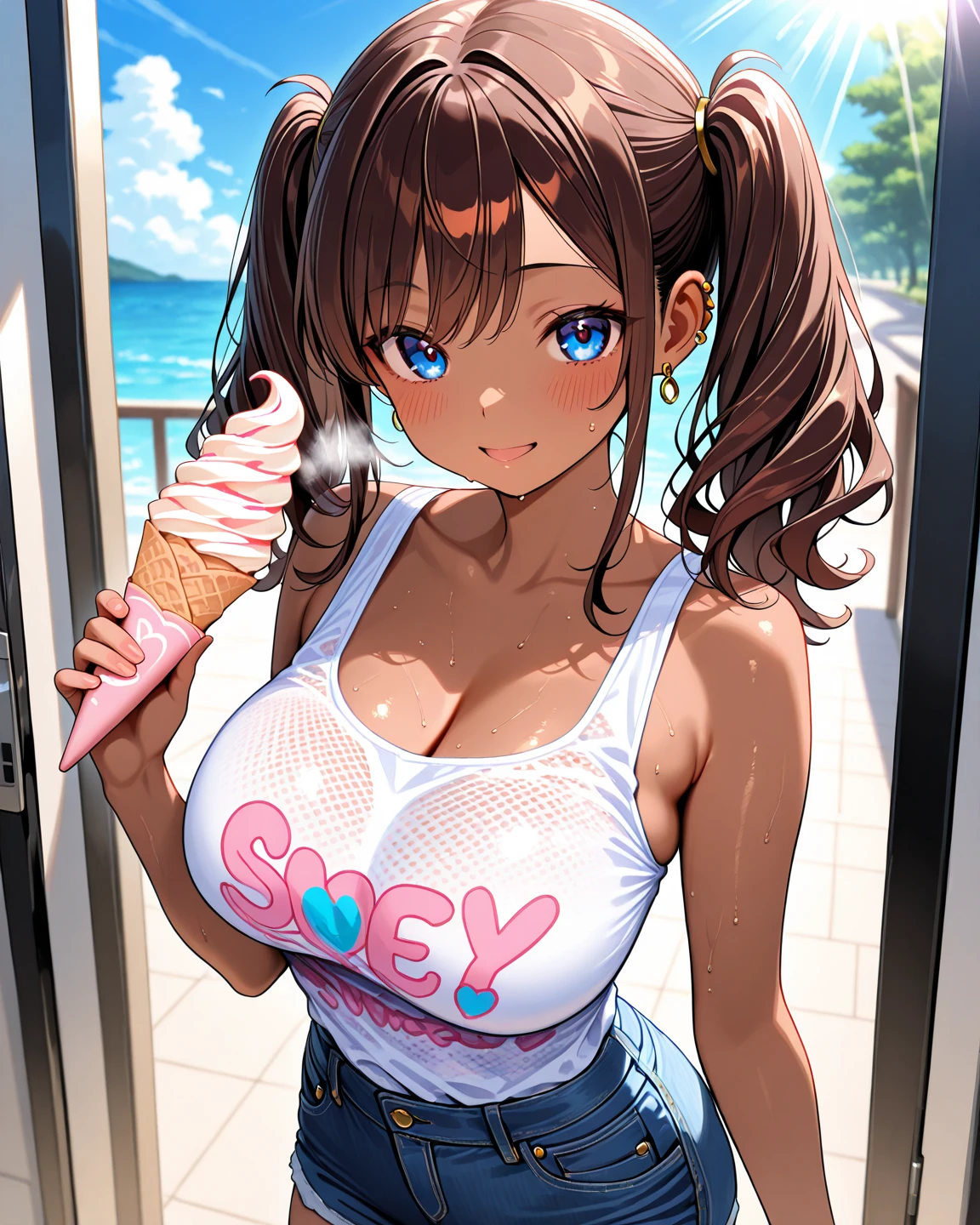 (1 person),(Best image quality, 8k, masterpiece:1.3), Anatomically correct, ((Brown hair bob cut:1.1)),(Swept-apart bangs,), (Cute eyes, Dark Eyes), (Mole under right eye), (thin), (Large Breasts),(Glowing Skin:1.1),(Pale skin:1.2),(Fantasyな雰囲気),(look up),Ultra-high resolution, Textured skin, Sparkle Effect, Fantasy,Bright Eyes,high school student,

Black lace panties,Black lace bra,Braid, Ribbon on head, Wet body,Sweat,

Blue cheer uniform,mini skirt,belly button,Cleavage,Panty shot,Pointed Chest,

Eat soft serve ice cream,Eat ice cream,On all fours,Saliva stringing,



gym,evening,evening,Drooling, happiness/joy, 