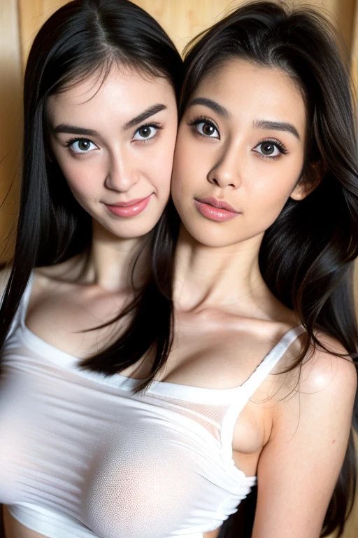 Two 20-year-old women chilling on the bed in the hotel room, sporty underpants, (bare chest), Very thin, very detailed, dark tanned skin, cute face, tousled hair, messy face, exhausted, smiling