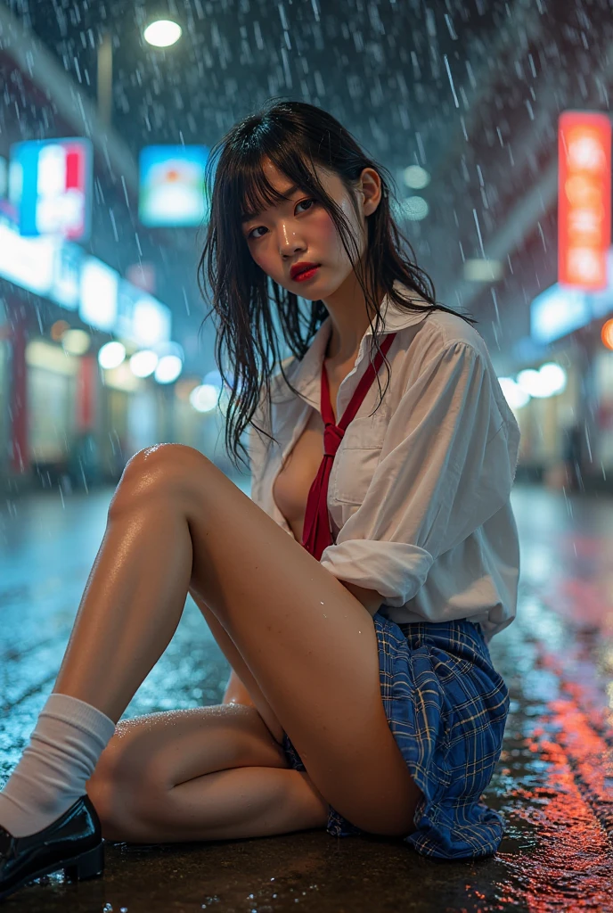 (highest quality、8k、High resolution、masterpiece:1.2)、Young and beautiful woman、(Correct Anatomy)、(Spread your legs)、(Squat)、(Excited expression)、(White Shirt、A bow tie、Tartan check mini skirt、White panties:1.3)、(Heavy rain:1.7)、(Motion Blur Effect:1.55)、(Wet body:1.55)、Busy street at night、neon、(Looking at the camera)、mynatalee woma、cr1r3、ahud