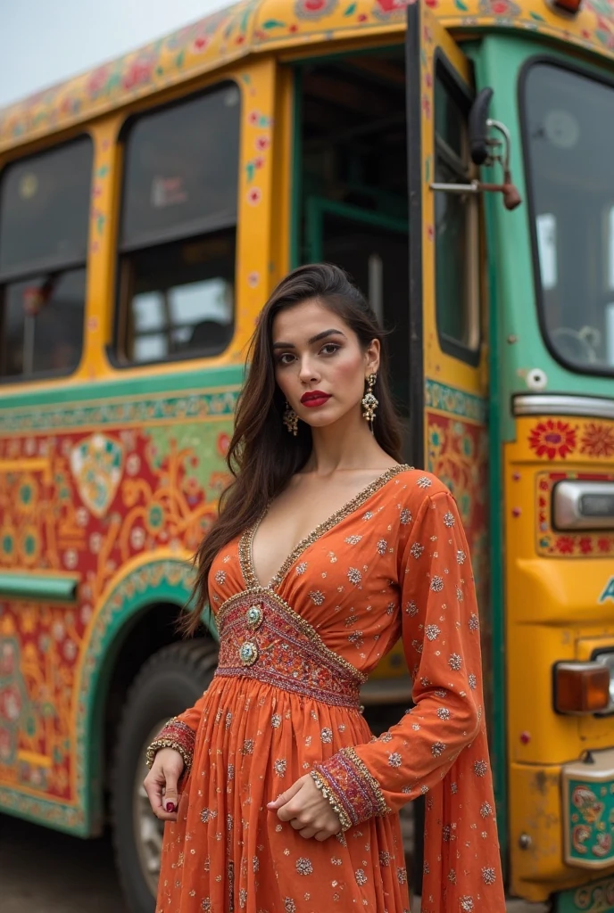 Spanish girl in red costume in sitting bike with bollywood star
