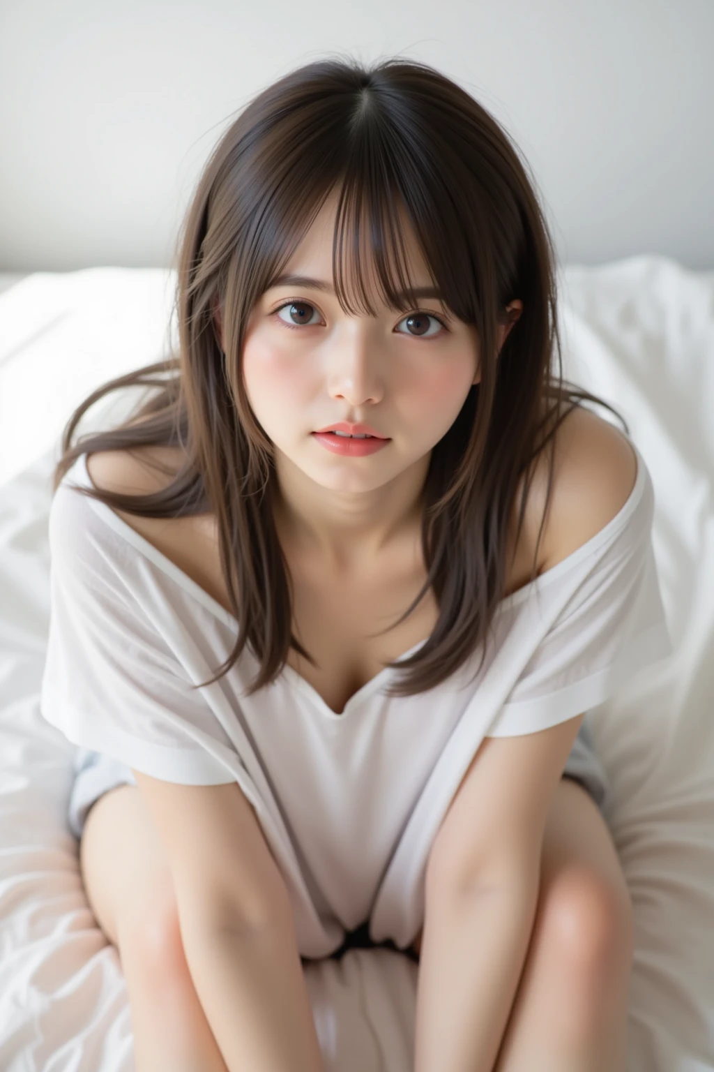 Highest quality, Soft Light, Ultra-high resolution, (Realistic:1.4), RAW Photos, whole body、Knee Shot, Wrapped in bed sheets, Lie down in bed, Of Japanese, alone, cute, (pupil, Light in your eyes), Beautiful face in every detail, (Long Hair)