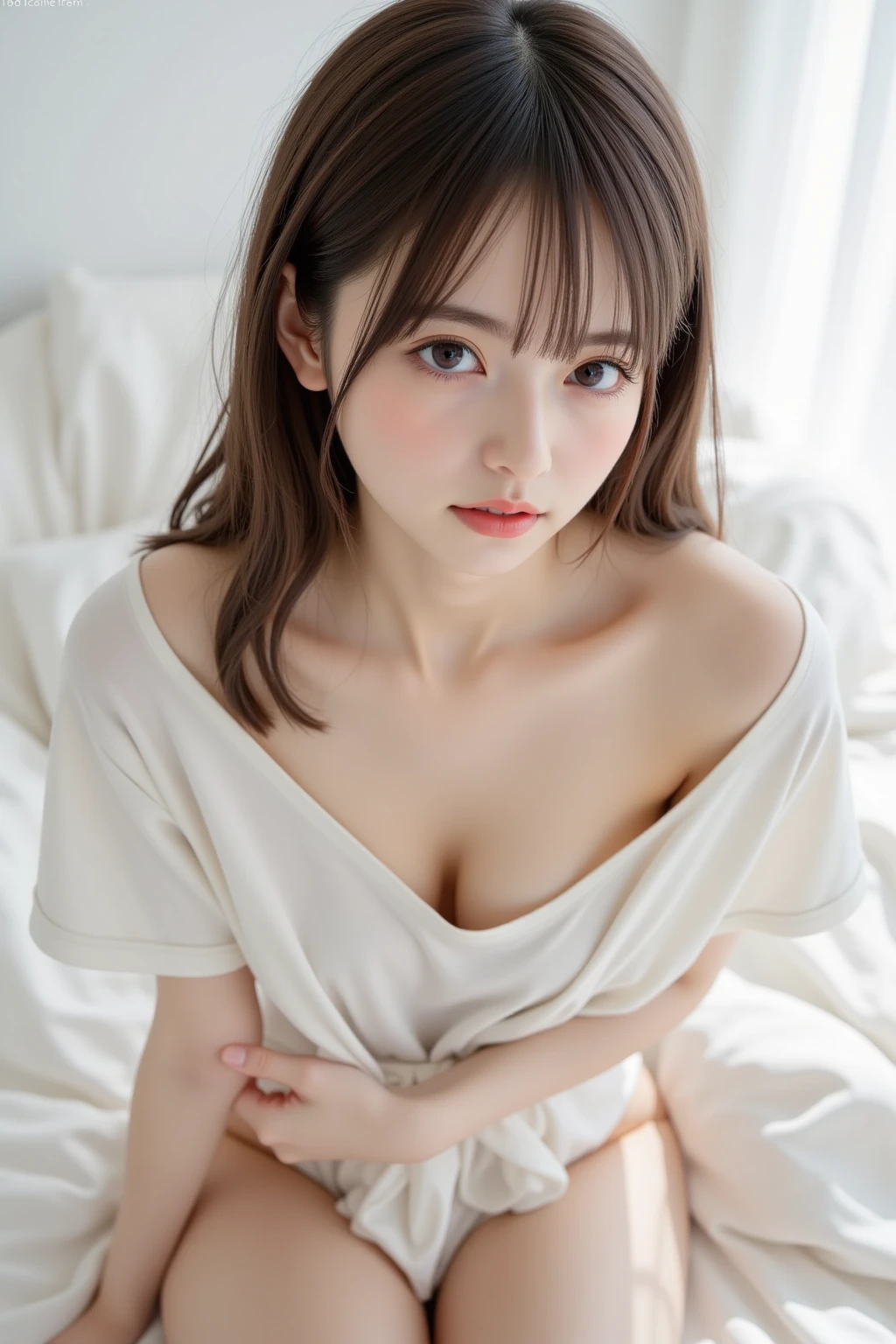 ( bangs, blunt bangs, brown hair, floating hair, expressive hair, ponytail, Depth of written boundary, f/4.0, 135mm, Nikon, uhd, masterpiece, Textured skin, Super detailed,8k,Sun light),(Beautiful woman: 1.4、Very very white skin、Fine grain、 double eyelid、Shiny skin)、((NSFW))、(((Open-necked silk off-the-shoulder dress、Anguished expression、Full body view、I see your big breasts、Top View、Lie on your back on the futon、Her breasts are sticking out of her clothes、My breasts are sticking out of my clothes、breast enhancement、looking at the camera、Looking up)))