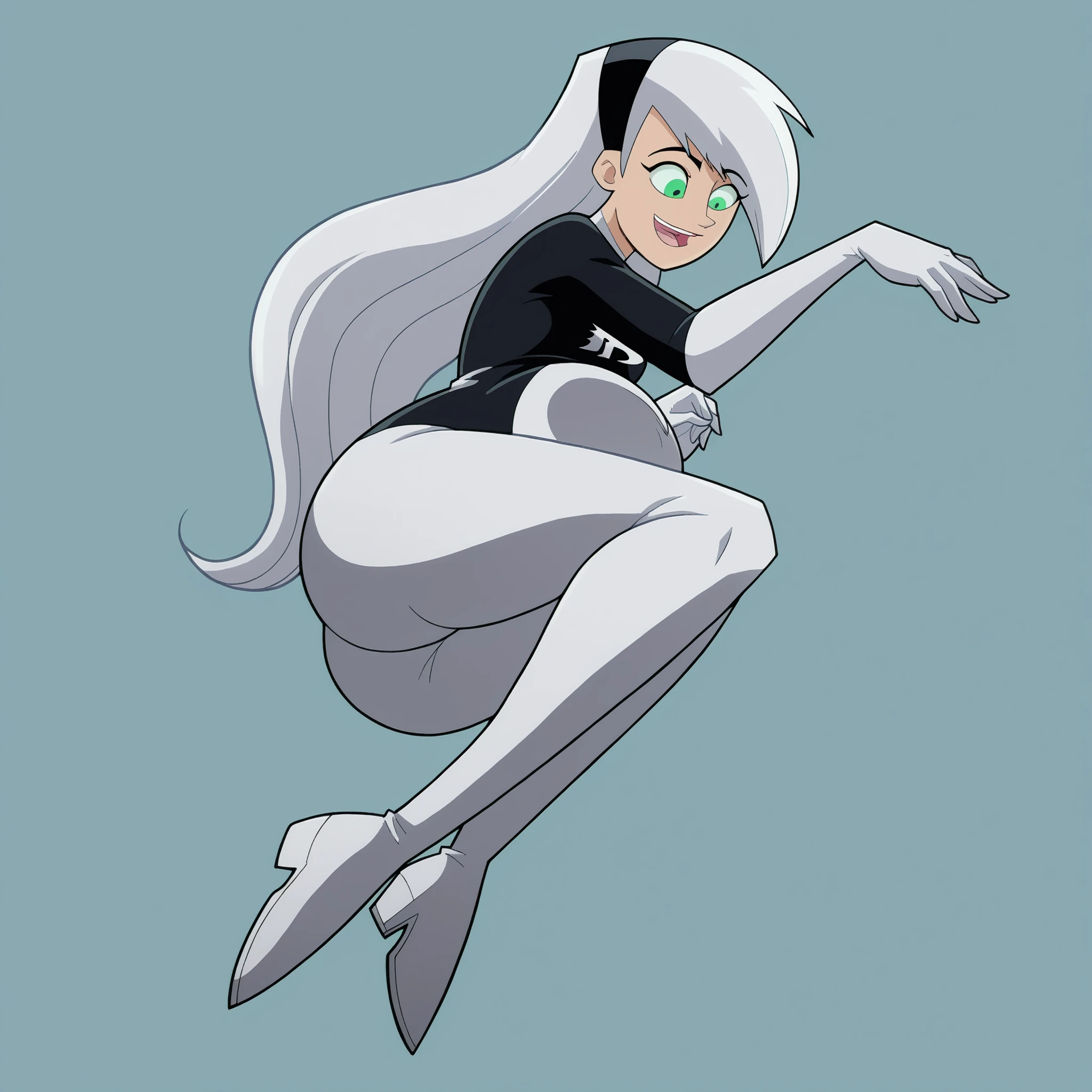 clenched hands, spread pussy, spread legs, purple eyes, solo, ass, purple lips, blue eyes, style parody, elf ears, cloud, makeup, bent over, smile, open mouth, pointy ears