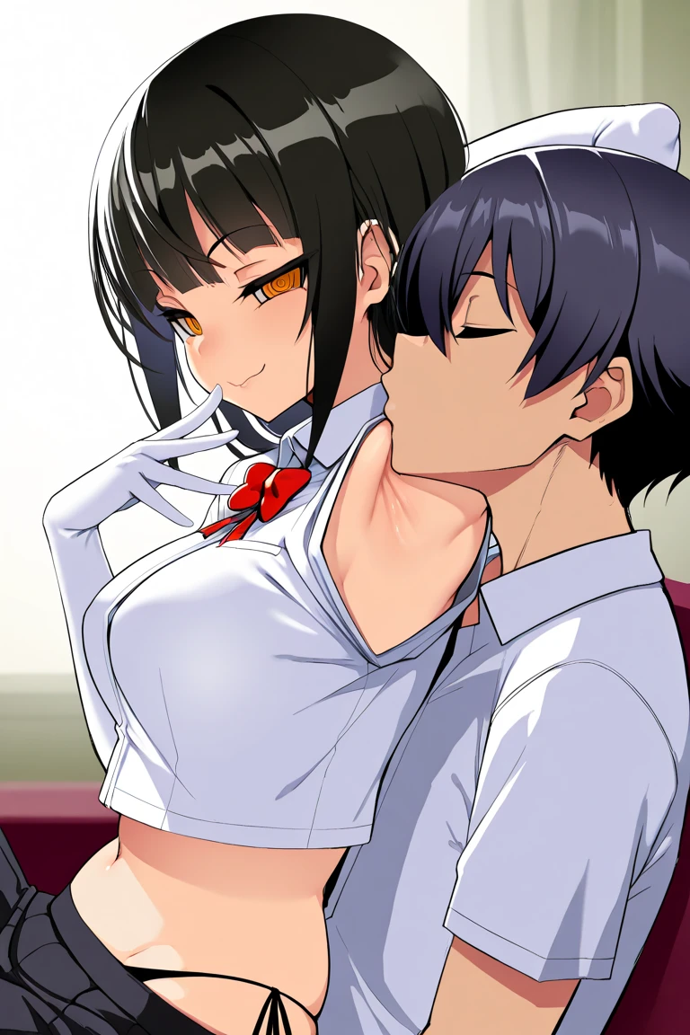 shinkai makoto, kimi no na wa., 1boy, buzzcut, white long sleeve school uniform, face to face, boy holding girl's shoulders, kiss attempt, cheek licking cheek, 1girl, mitsuha miyamizu, open eyes, tears eyes, black hair, red ribbon, red headband, short hair, blush, brown eyes, collared shirt, red bow, yellow vest ubuttoned, white long sleeve unbuttoed, open shirt, light pink bra, medium breast, indoors, passionate hug, leaning against the wall,night,