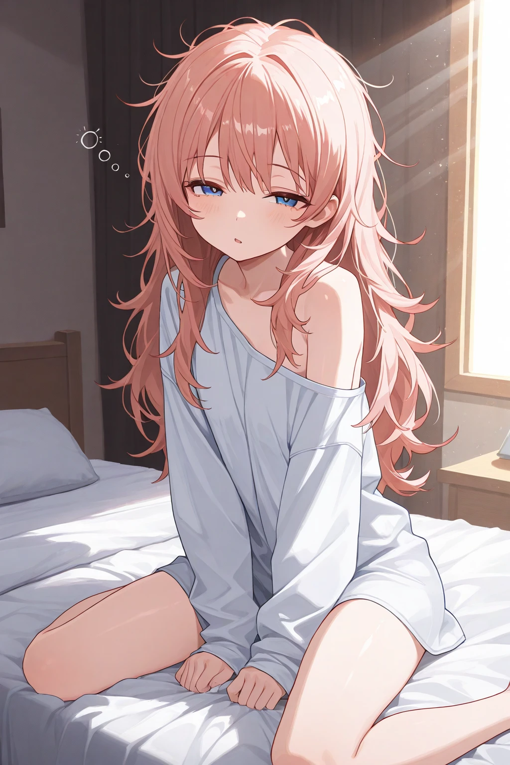 miku nakano, Nakano Miku Ticket III, long hair, bangs, blue eyes, brown hair, hair between eyes, wake up,sleepy,slightly open t-shirt,black string underwear,barefoot,smile,Bedroom,light goes out, covered with a blanket, windows,ロマンチックなmorning日,morning,extreme light,
break indoors, Bedroom,
break (masterpiece:1.2), highest quality, High resolution, unity 8k wallpaper, (shape:0.8), (beautiful and detailed eyes:1.6), highly detailed face, perfect lighting, Very detailed CG, (perfect hands, perfect anatomy),