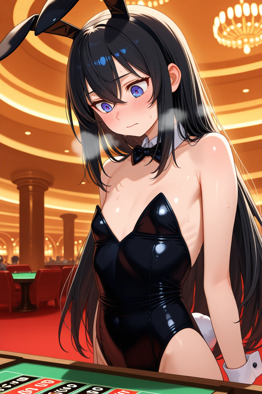 A cute girl wearing a black leotard bunny girl costume and a long black hair twin tail five fingers Perfect Hands highest quality images (skinny,skinny) [in the casino room] [two arms]
