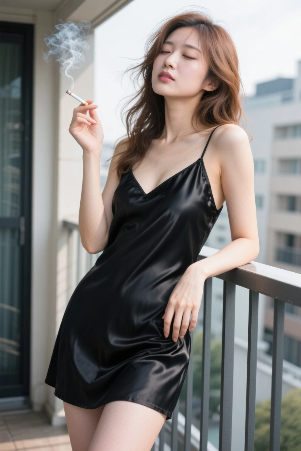 Japanese very beautiful  woman, very light brown messy hair, state of waking up, smoking a cigarette on the balcony, wearing a black satin long slip, beautiful skin, shiny skin, clear skin, masterpiece, highest quality, best quality, ultra detailed, realistic, photorealistic, high resolution, perfect composition, 4K,